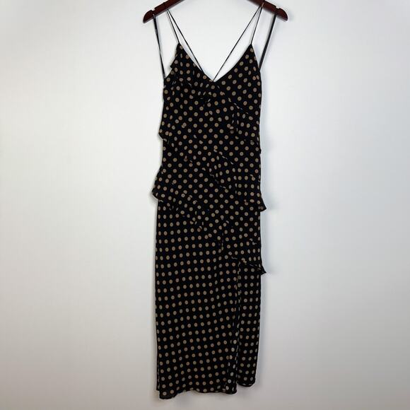 MINKPINK Black Beige Polka Dot Ayat Cami Frill Ruffle Slip Midi Dress Size Small - Picture 2 of 10